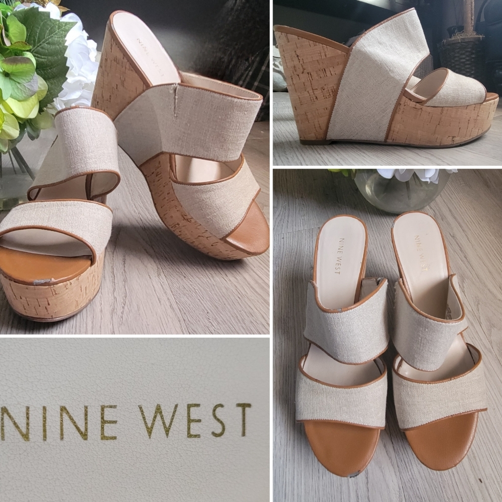 Nine West Larysa Linen & Cork Wedge, Size Women's 9.5 - Picture 1 of 12